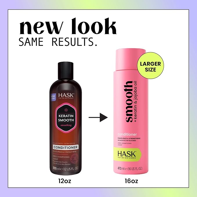 HASK Smooth + Keratin Shampoo + Conditioner Set | with Jojoba Oil for Frizzy, Unruly Hair | 16oz each, 2 Pack