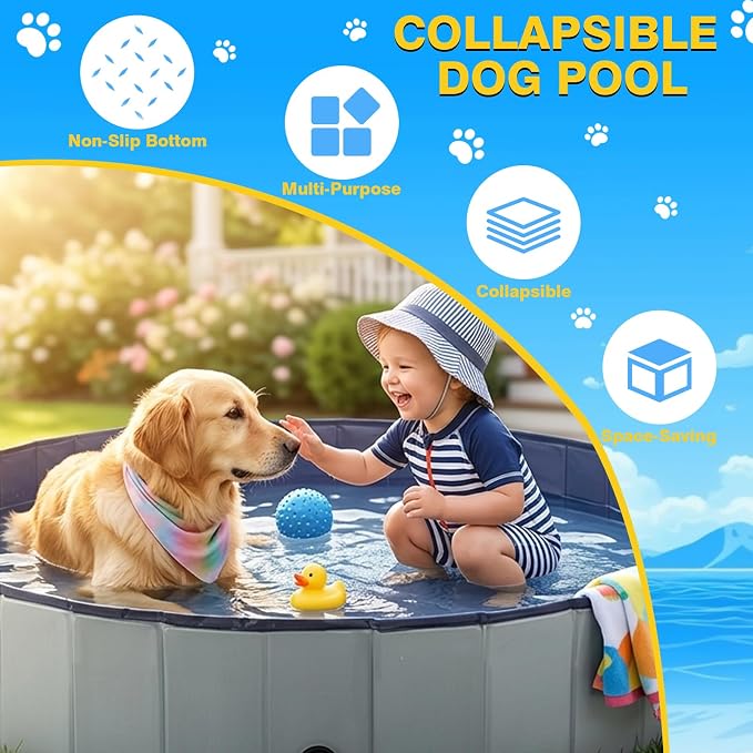 Eooqi Foldable Dog Pool, Collapsible Pet Bath Tub & Kiddie Wading Pool, Portable Hard-Side Dog Swimming Pool for Puppies, Small & Medium Dogs, Cats and Kids (Gray, 48"-L)