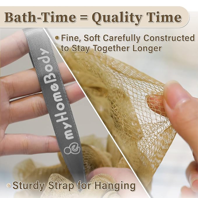 myHomeBody 60g Loofah Sponge, Body Scrubber, Bath Sponge, Loofah for Women, Men, Exfoliating Sponge Shower Pouf with Activated Charcoal – 3 Pack, 2 Caramel + 1 Oat Milk