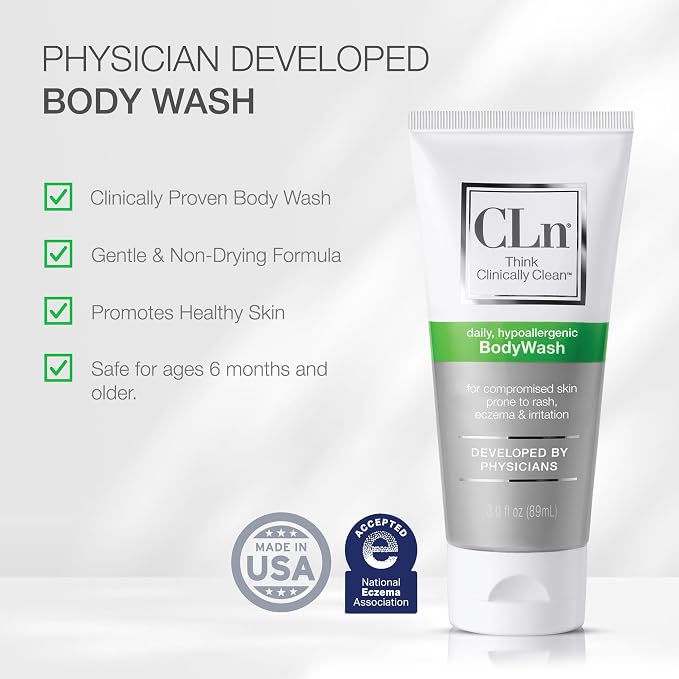 CLn® BodyWash – Non-Drying Body Wash Preserved with Sodium Hypochlorite, For Compromised Skin Prone to Eczema, Dermatitis, Rash & Hidradenitis Suppurativa, Fragrance-Free & Paraben-Free, 3 fl oz