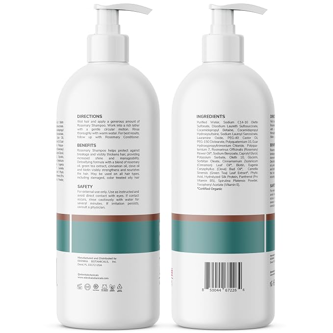 Edenika Botanicals Rosemary Oil Shampoo with Biotin for Thinning Hair & Anti-Hair Loss, Strengthening Botanical Formula, Women & Men, Sulfate-Free, Organic, 16 fl oz