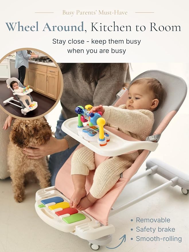 Cuddo Baby Bouncer 4-in-1 |Pianos, Feeding Tray, Play Bar, Wheels| Pink | Grow with Baby, Breathable Mesh, 3-Level Recline Foldable Seat, for Infant to Toddler 0-12M, Girl Gift Idea
