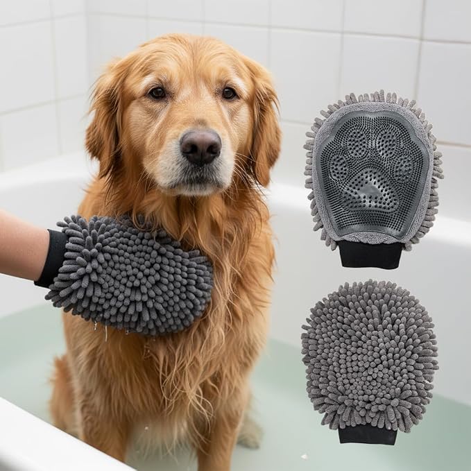 Muddy Mat® Dog Washing Gloves – Dual-Sided Pet Grooming Mitt with TPR Brush & Chenille Microfiber – Dog Wash Mitt for Bathing, Drying & Dirt Removal – Pet Bath Gloves for All Coat Types