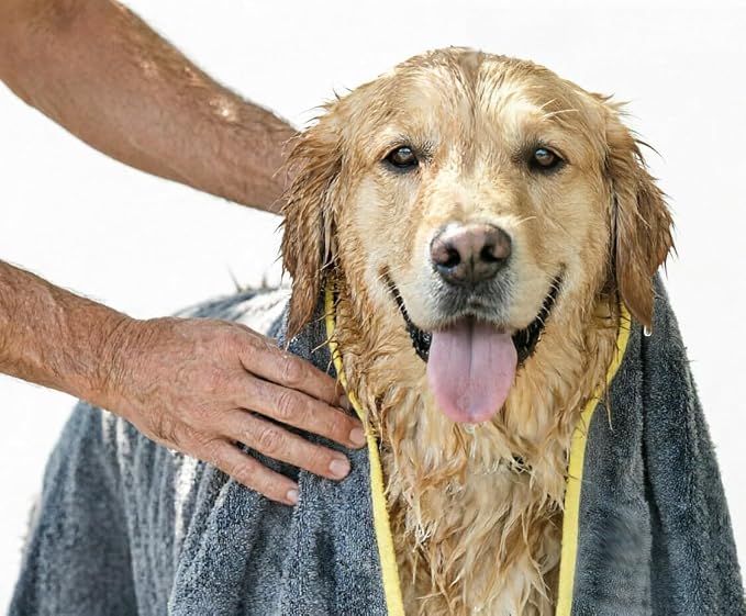 Nano Towels Pet Luxury Grooming Towel. Use for Cleaning, Washing, Dog and Cat Hair Bath Drying Cloth. Safe and Pet Friendly Grooming. No Shampoo Needed. Tiki Pete Noir Grey/Yellow Trim. Large 20x40