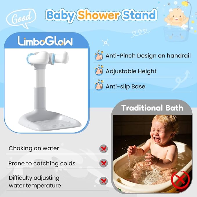 Upgraded Baby Shower Stand with Anti-Pinch Silicone & Anti-Slip Base, Adjustable Height Baby Bath Standing Support, Soporte para Bañera de Bebé Assist Holder for 6-36 Months Toddler, Ideal Gift, Gray