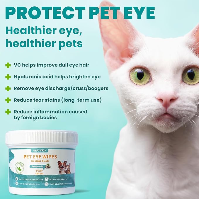 MEDUWEDU Eyes Wipes for Dogs & Cats 120 Counts, Grooming Kit Care for Dogs and Cats, Prevent Tear Stains, Eye Debris, Discharge, Mucus Secretions,Coconut Scent