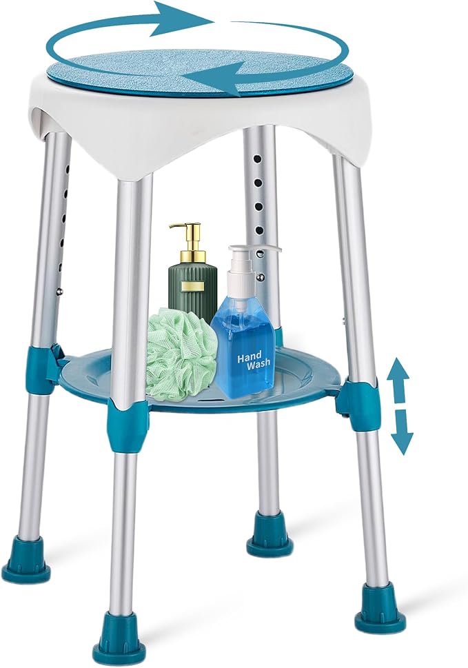 Shower Stool for Inside Shower, Lightweight Compact Shower Chair for Bathtub with Storage Tray, Height Adjustable 360° Swivel Small Shower Chair for Seniors and Adults (Green)