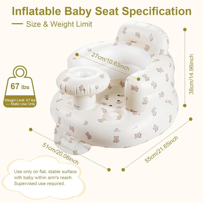 Inflatable Baby Seat for Babies 3-36 Months, Baby Chair with Fence & Built in Air Pump, Blow Up Floor Baby Seat with Back Support, Inflatable Baby Chair Sit Me Up for Home Bear-Tray