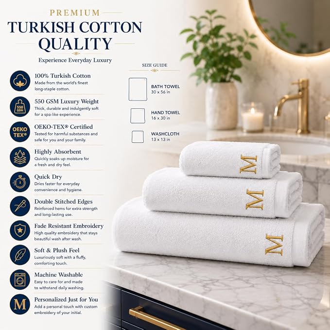 Custom Bath Towels - Customized Turkish Bath Towel - Cotton Towel Set -Monogrammed Towels with Initials Name Embroidery - 3 Pack Towel (White, 3 Pieces - Towel Set)