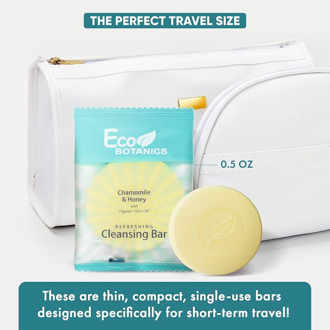 Eco Botanics Travel Size Cleansing Soap Bar 100 Count 0.5 oz Guest Amenities for Hotels Vacation & Short Term Paraben Free Chamomile Scent with Aloe & Olive Oil