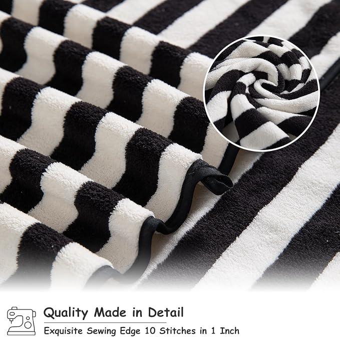 18 Pcs Black White Cabana Stripe Bath Towel Set with Hanging Loop-6 Bath Towels,6 Hand Towels,6 Washcloths Family Towels Set Bathroom Towel Highly Absorbent Quick Dry Shower Towel for Beach Spa Gym