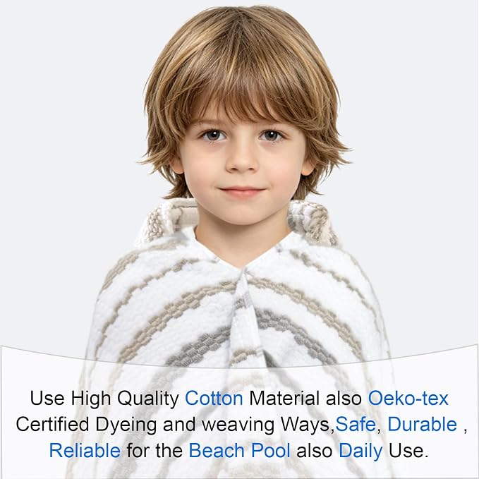 VOOVA & MOVAS Hooded Bath Towels for Kids | Soft Absorbent 100% Cotton Thick Towel Wrap | Versatile Beach, Pool, Swim & Bath Cover-Up | White Brown Grey Multi Vertical Stripe