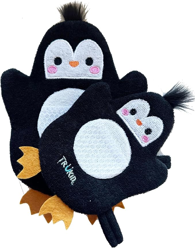 TruKid BubbleGlove, Bath Wash Gloves-Sponge - Hand Puppet for Kids & Toddler, Bath Sponge & Baby Washcloth Mitt for Kids & Adults, Body Scrubber for Mommy & Me - Penguin Set of 2