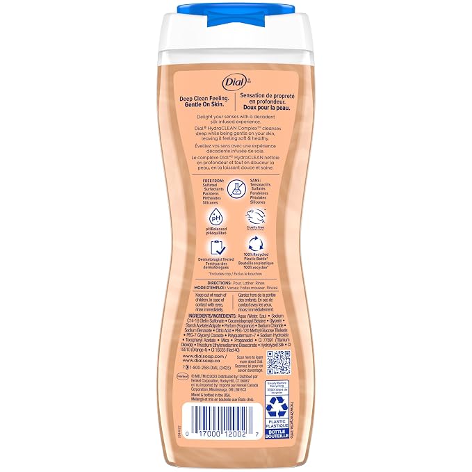 Dial Body Wash, Hydraclean Complex & Vitamin E, Gentle, Leaves Skin Feeling Nourished, Dermatologist-Tested, No Parabens & Sulfates, Pamper & Indulge, Silk & Seaberry, 16 fl Oz (Pack of 4)