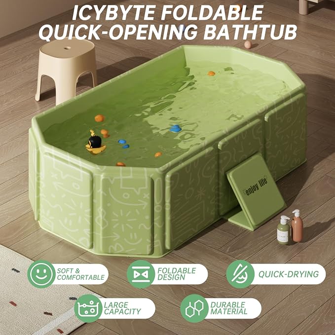 Baby Collapsible Bathtub for Newborns to Toddlers, Foldable and Portable, Kids Bath Tub with Non-Slip Base, Easy Storage for Travel & Small Spaces, Graffiti Green