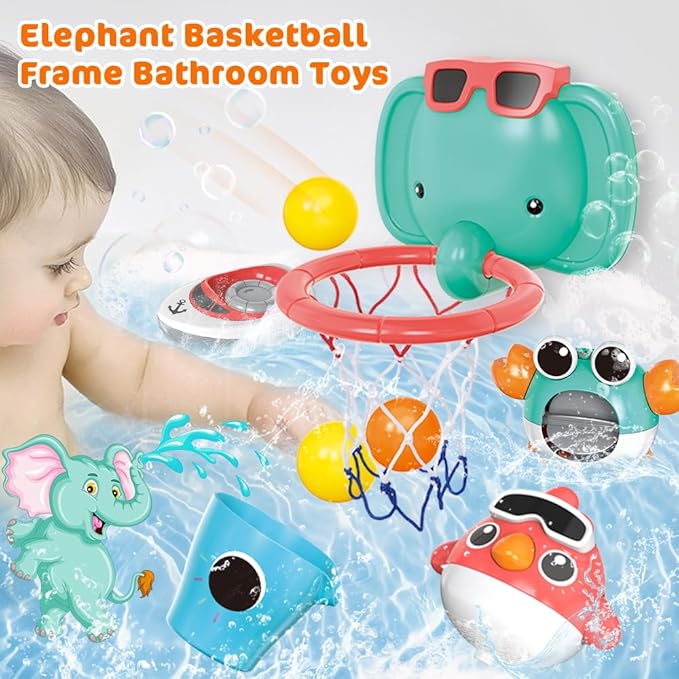 VATOS Baby Bath Toys, Elephant Basketball Hoop Bathroom Toys for Babies Boys Girls 1 Year Old, Baby Bathtub Playset with Bird, Crab, Clouds, Yacht Best Bath Gift for Toddlers 1-3