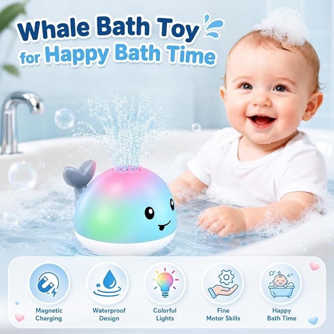Gigilli Baby Bath Toys, Magnetic Rechargeable Bath Toys for Kids, Toddler Bathtub Pool Water Table Toys Sprinkler, Infant Boy Girl Gifts, Light Up Whale Bath Toy for Babies