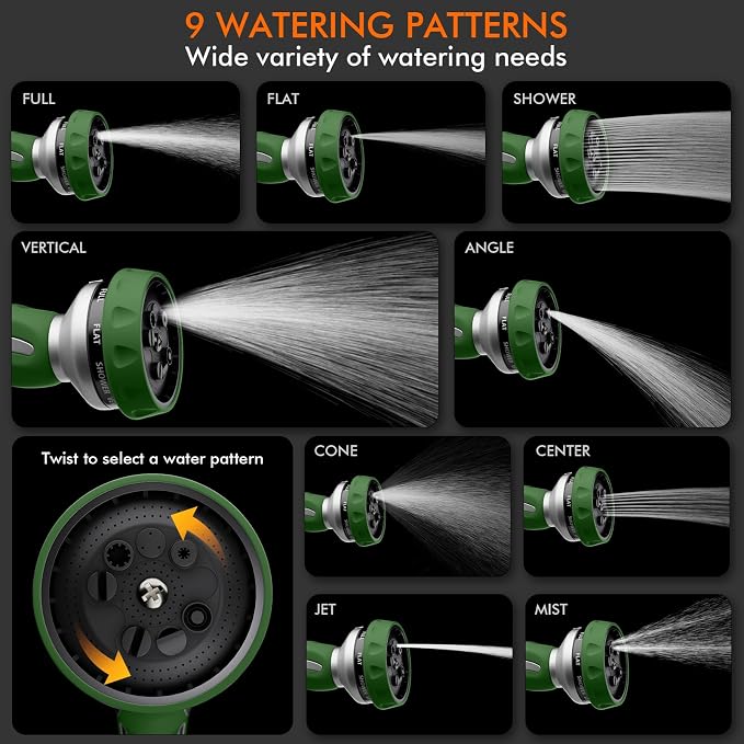 RESTMO Hose Nozzle Heavy Duty, Metal Water Hose Sprayer for Garden | 9 Spray Patterns, High Pressure, Thumb Flow Control, On/Off Valve, Ideal for Outdoor Lawn & Plant, Car & Pet, Green