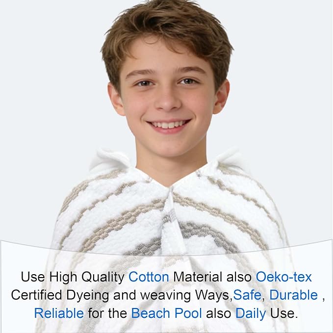 VOOVA & MOVAS Big Kids Hooded Bath Towel Wrap (6-12 Years, 66"x34") | Thick & Large-Size Fast-Drying Absorbent Cape | Ideal for Beach, Pool, Swim & Bath Cover-Up | Brown Gray Stripe