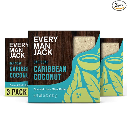 Every Man Jack Cold Processed Mens Bar Soap - Tropical Caribbean Coconut Scent - Deeply Cleans & Hydrates w/Naturally Derived Ingredients - (3 Pack)