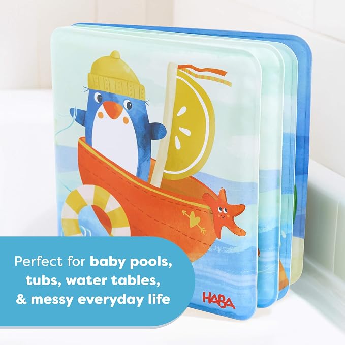 HABA Penguin Bath Book with Squeaker – Soft Baby Sensory Books, Waterproof Interactive Bath Toy for Water Play and Toddler Pool Toys