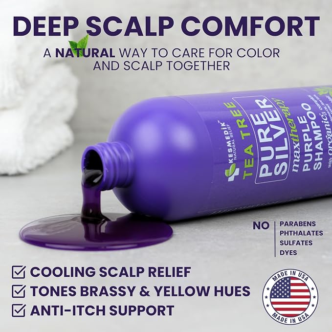 KESMEDIK Tea Tree Purple Shampoo with Tea Tree Oil, Rosemary & Aloe, Salon-Grade Purple Toner for Yellow Brassy Gray, Bleached, White & Blonde Hair, Refreshes Scalp, Sulfate-Free, 16 fl oz