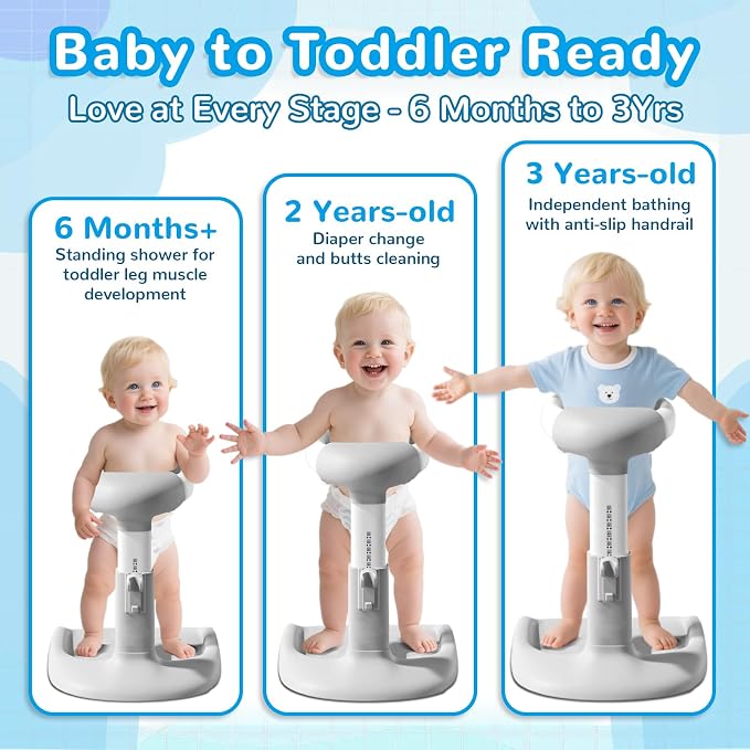 Baby Shower Stand with Seat - Adjustable Height Shower Standing Bath Support | Baby Bath Stand Soporte para Bañera de Bebé | Toddler Shower Stand Assist Holder for 8-36 Months
