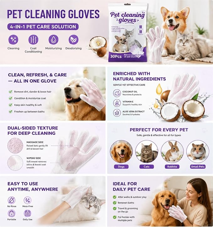 Pet Glove Wipes for Dogs & Cats, 30Pcs Deodorizing Cleaning Gloves with Coconut Oil, Vet Recommended Hypoallergenic Bathless Grooming Wipes for Paws, Body & Ears, No-Rinse