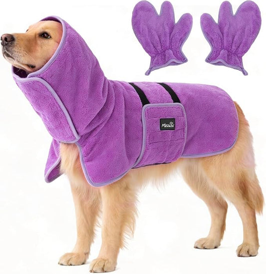 Mihachi Dog Bathrobe Towel Wrap Fast Drying with Drying Gloves Set, Super Absorbent Coral Fleece Dog Drying Coat Bath Robe for Puppy, Medium & Large Dogs, Adjustable Collar & Belly Strap, Purple XL