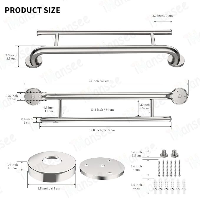 Polished Chrome Grab Bar 24 Inch w/Towel Holder, iHansee Stainless Steel Towel Rack Shower Support Balanced Support Handle, Wall Mount Safety Handrail Grab Rail for Elderly Senior Handicap Disabled
