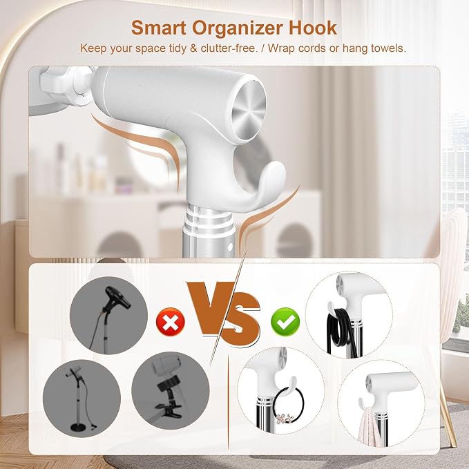 Mistriddle Hands Free Hair Dryer Holder Floor Stand, Adjustable Height (17.2"-51"), Universal Clip with TPU Protection & Organizer Hook, Stable Aluminum Base Blow Dryer Stand Hands Free(White)