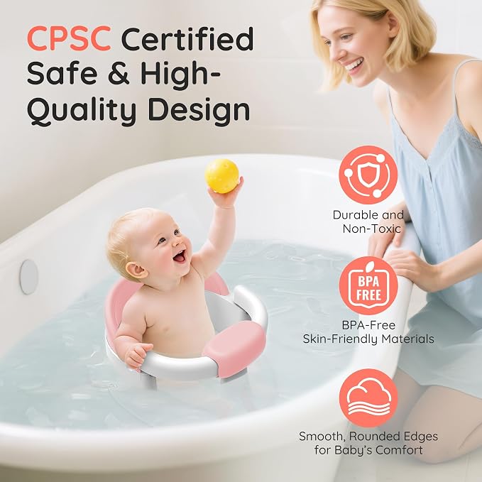 Baby Bath Seat for Babies Sitting Up, Non-Slip Baby Bath Chair with Strong Suction Cups, Lockable Armrest & High Back 360° Safety Support, Ideal for Active Toddlers 6-24 Months, Pink