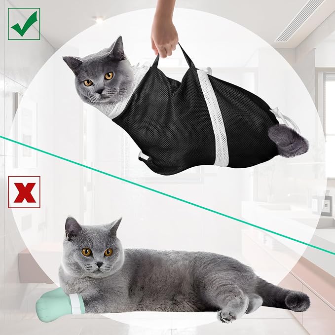 JULMELON Cat Bathing Bag Kit Adjustable Mesh Cat Washing Bag with Nail Clippers Nail File Brush Comb Tick Remover Tool Pet Grooming Bag for Cats and Small Dogs