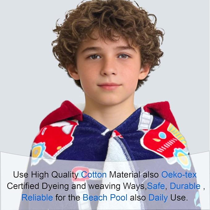 VOOVA & MOVAS Hooded Beach Towels for Teens & Big Kids (8Years Up) | 100% Cotton Thick Soft Absorbent Towel Wrap for Beach, Pool, Swim & Bath | Fire Truck Design