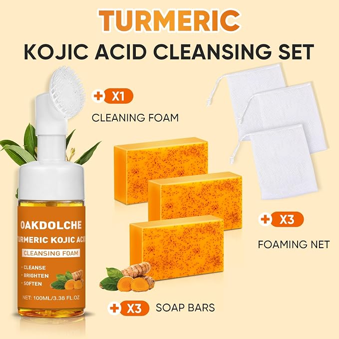 3Pcs Turmeric Wash Set-Turmeric Face Wash with Brush, 3 Turmeric Kojic Acid Soap Bars, 3 Foaming Nets, Deep Cleansing for Face & Body Cleanser