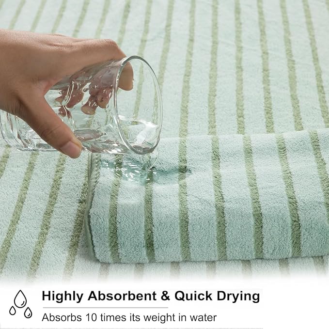 4 Pcs Green Cabana Stripe Large Bath Sheets Soft Polyester Bathroom Towels | Fluffy oversized towel with hang loops absorbent quilck dry easy replacement family dorm sets for home beach pool gym yoga