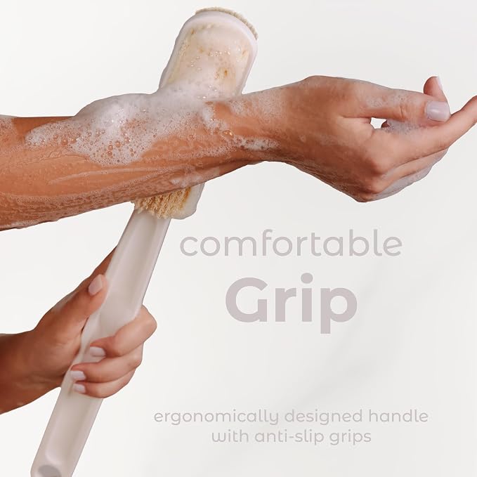 MainBasics Back Scrubber for Shower, Long Handle Body Brush, 15.75 Inch | Dual-Sided Exfoliating and Soft Bristles