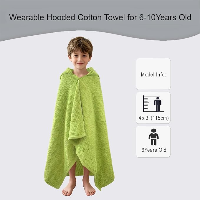 VOOVA & MOVAS Hooded Bath Towels for Kids | Soft Absorbent 100% Cotton Thick Towel Wrap | Versatile Beach, Pool, Swim & Bath Cover-Up | Grass Green Solid Waffle