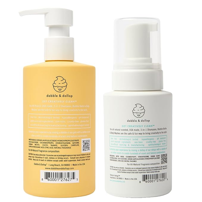 Dabble & Dollop Lemon + Vanilla Kids 3-in-1 Body Wash, Shampoo & Bubble Bath Bundle – Gel + Foam Whip Set, Tear-Free, Gentle, Natural-Origin, Hypoallergenic and Safe for Sensitive Skin (Pack of 2)