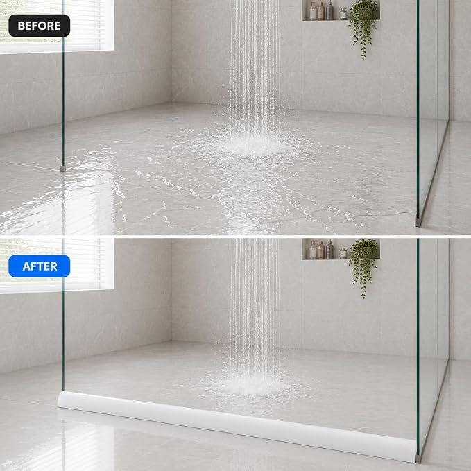 118inch Collapsible Shower Threshold Water Dam, Silicone Water Barrier Stopper, Self Adhesive Floor Edge Splash Guard Keeps Water Inside for Walk-in Shower, Bathroom, Kitchen Sink 9.8Ft