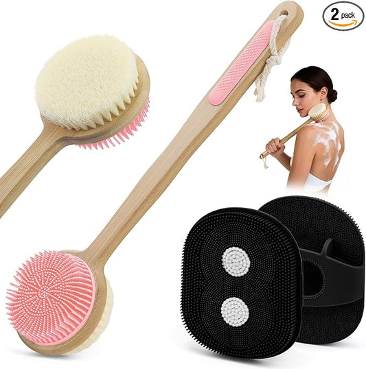 Back Scrubber for Shower + Body Scrubber 2 Pack, Dual Sided Silicone & Nylon Bristles Lather Well Exfoliating Anti-Slip Wood Long Handle Back Scrubber Body Exfoliator for Wet/Dry Bath Brush Pk+Bl