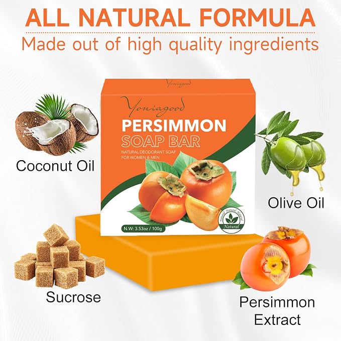 yoniagood 3 PCS Persimmon Soap Bar for Body Odor Control, Natural Refreshing Body Bar Soap for Old People Smell, Organic Deep Cleaning Body Face Wash Soap for Women & Men All Skin Types