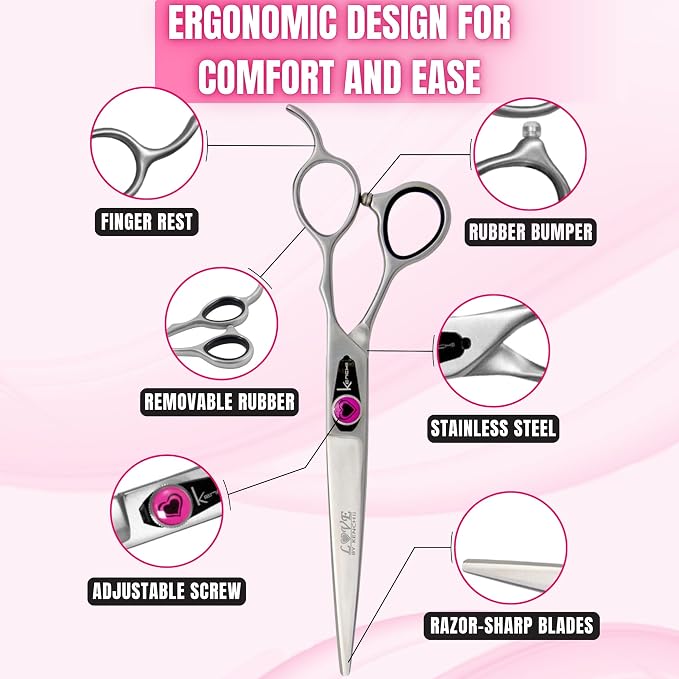 Kenchii Love Dog Grooming Scissors, 7 Inch Straight Shears, Dog Scissors for Grooming, Professional Pet Grooming Scissors, Heavy Duty, Durable and Sharp