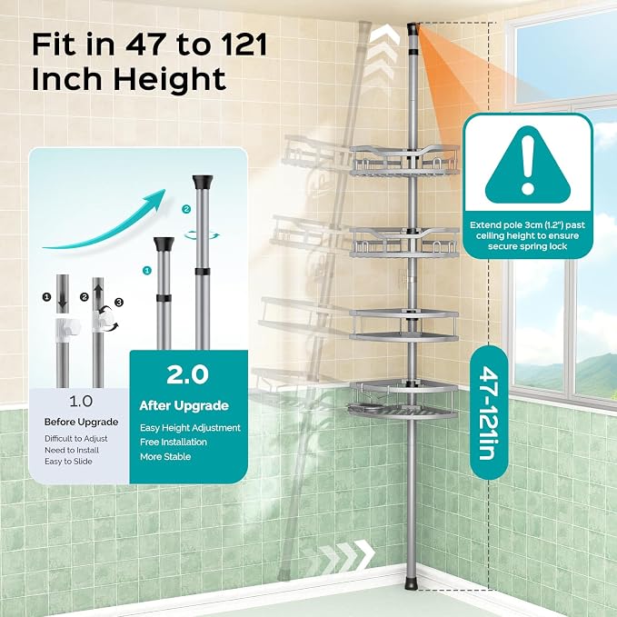 HAMITOR Corner Shower Caddy Tension Pole: Rustproof 4-Tier Bathroom Organizer Shelves for Bathtub Shampoo Storage - 47-121 Inch Quick Install Adjustable Rod Standing Rack with Soap Rack - Silver Gray