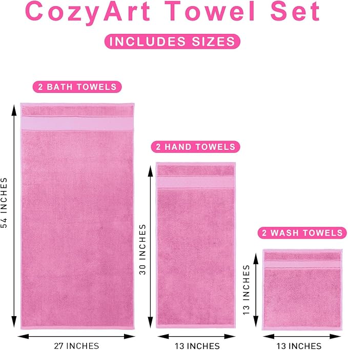 COZYART Pink Bath Towel Set 6 Piece, 100% Zero Twist Ring Spun Turkish Cotton 650GSM, Ultra Soft Absorbent Fast Dry Hotel Quality Bathroom Towels