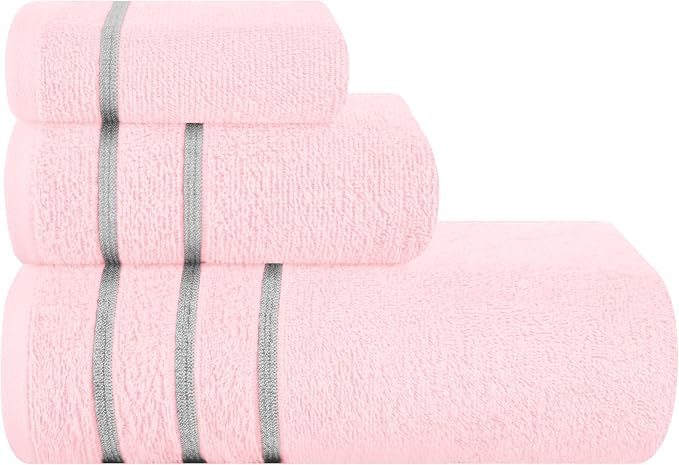 MyOwn Ultra Soft 3 Pack Cotton Towel Set, Contains a Bath Towel 28x55 inch, a Hand Towel 16x24 inch & Wash Coth 12x12 inch, Ideal Everyday use, Compact & Lightweight - Pink, 71686