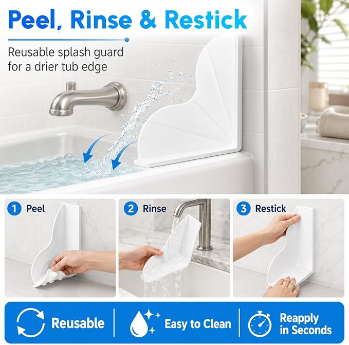 Vespara 2-Pack All-Silicone Shower Splash Guard Kit with Strong Suction Cups, Large Splash Guards for Bathtub, One-Piece Design Corner Guards to Keep Water in Shower or Bath (9.8x9.5inches) White