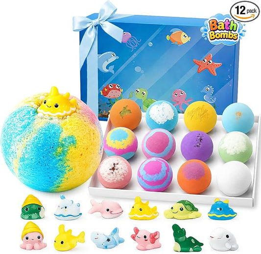 Bath Bombs Gift Set for Women, Colorful Bath Bombs with Surprise Inside, Ocean Theme Moisturizing Bath Fizzies, Relaxing Spa Self Care Gifts for Birthday, Christmas & Holidays (12 Pack)