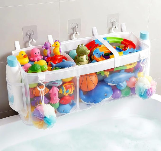 Extra Large Openings Bath Toy Organizer with 2 Compartments and Multiple Pockets, Quick-Dry Mesh Bathtub Toy Storage and Holder for Easy Access and Sorting of Toys(23.6x7.87x6IN)