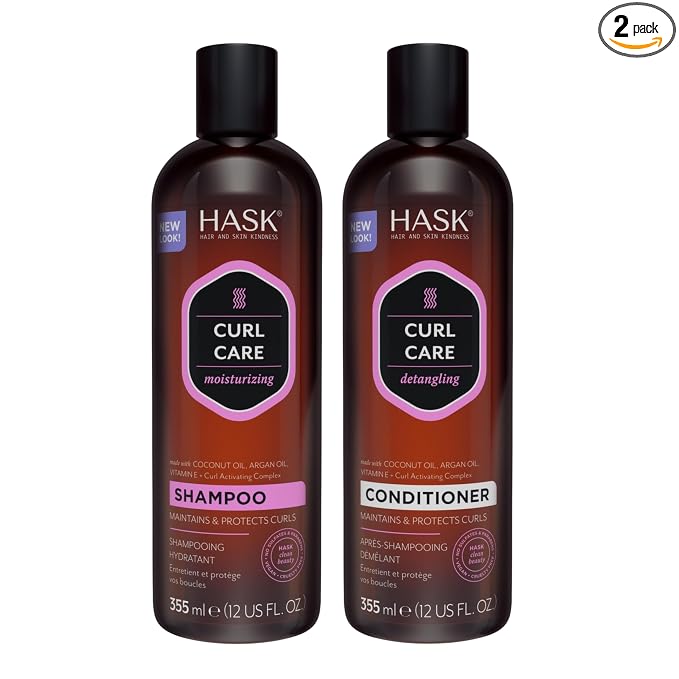 HASK Curl Care Shampoo + Conditioner Set with Coconut and Argan Oil | For Curly Hair, Sulfate-Free, Paraben-Free, Gluten-Free, Vegan, Cruelty-Free, Color Safe | 12oz each
